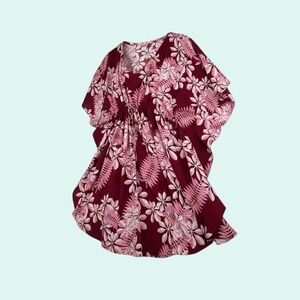 HULA BAY Women's Maroon Pink Tropical Leaf Print Drawstring Kaftan Top L/XL